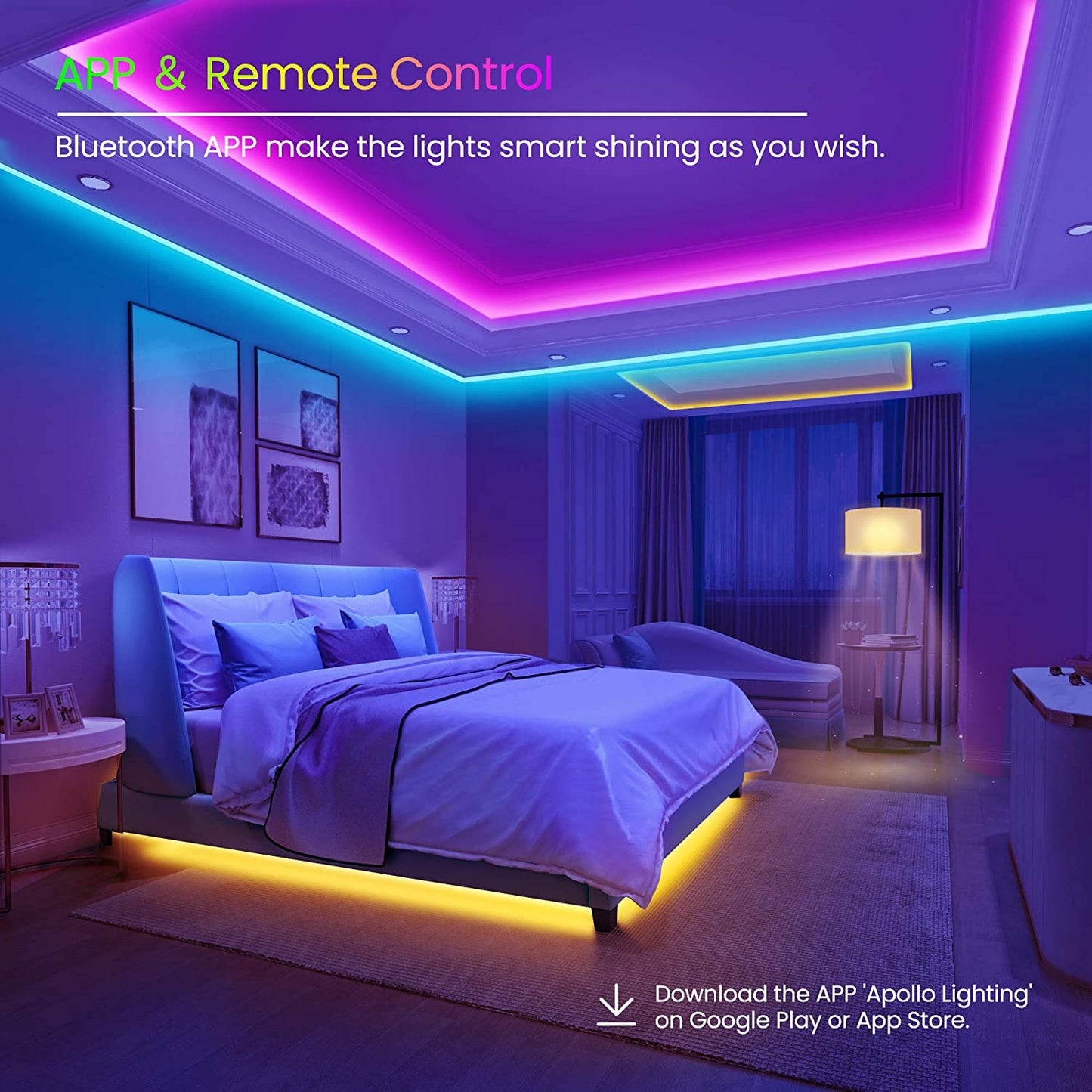 50 FT Bluetooth LED Strip Lights for Bedroom, Color Changing with Music Sync, App and Remote Control (Includes Microphone)