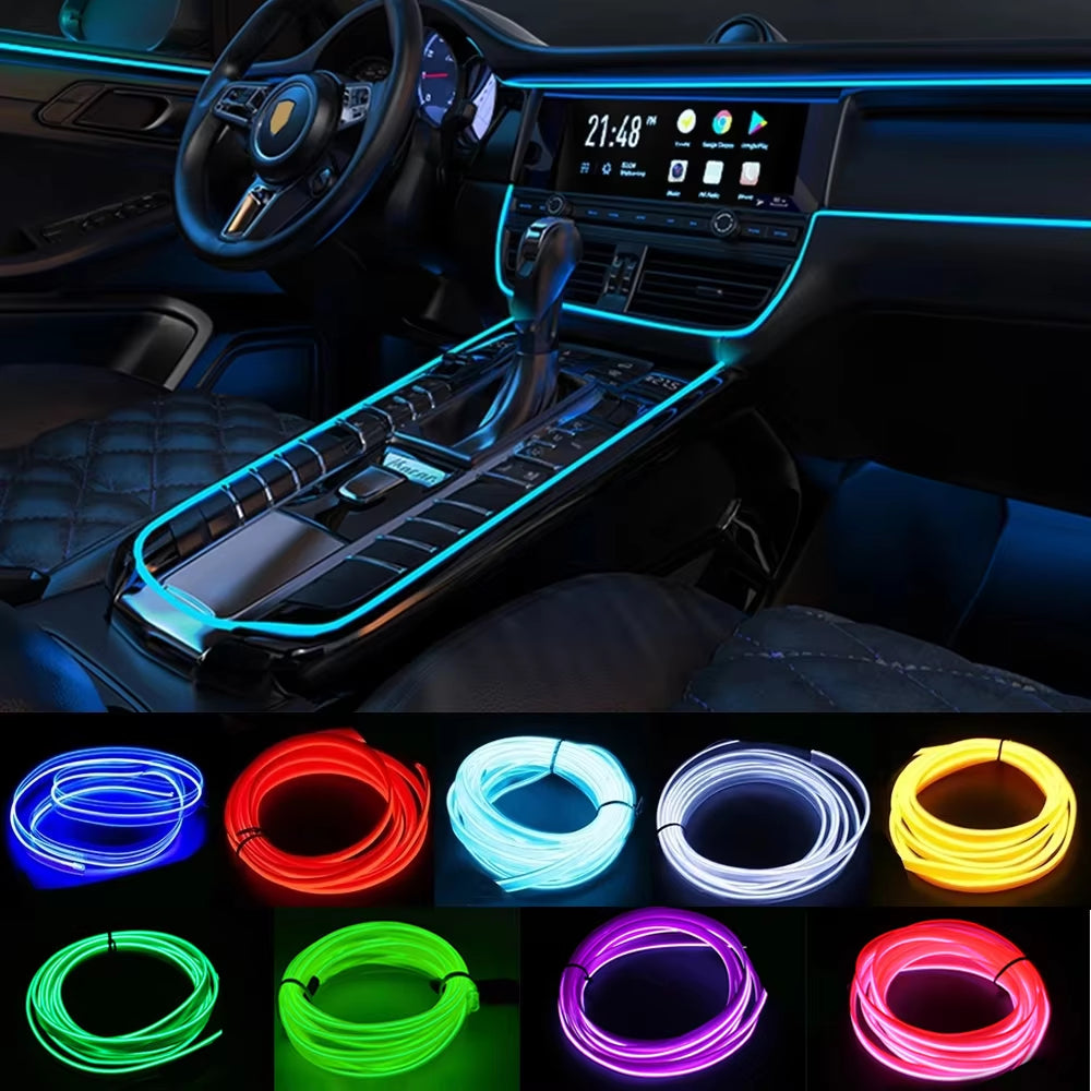 Car Interior Lighting Decorative Led Lights EL Wiring Neon Strip Auto Flexible Ambient Light USB Party Atmosphere Lamp Accessory